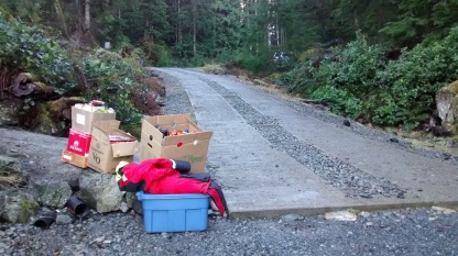 Recycling, returnables and totes waiting to be loaded into the car...